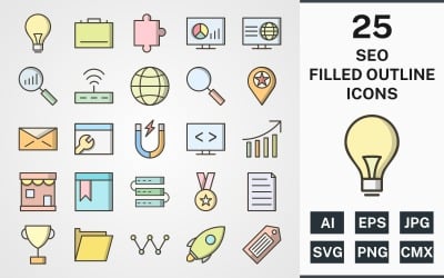 Conjunto de iconos de PAQUETE DE ESQUEMA RELLENO DE 25 SEO
