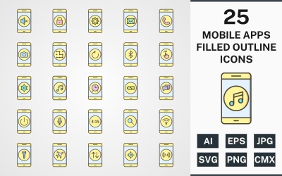 Zestaw ikon 25 aplikacji mobilnych wypełnionych konspektem