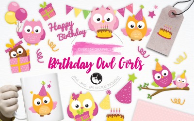 Birthday Owls Girls illustrations - Vector Image