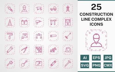 Conjunto de ícones de 25 CONSTRUCTION LINE COMPLEX PACK