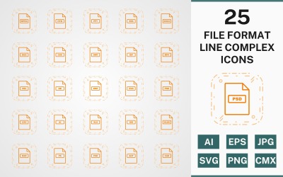 Conjunto de iconos de PAQUETE COMPLEJO DE LÍNEA DE FORMATO DE ARCHIVO 25