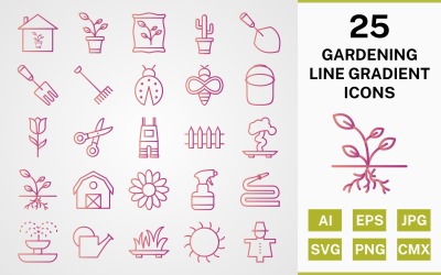 Conjunto de ícones de 25 PACK DE GRADIENTE DE LINHA DE JARDINAGEM
