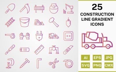 Conjunto de iconos de paquete de gradiente de 25 líneas de construcción