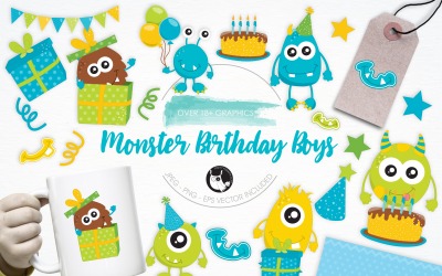 Ilustracje urodzinowe Monster Boys - grafika wektorowa