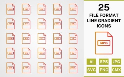 Sada ikon 25 FORMÁTOVÁNÍ SOUBORŮ LINE GRADIENT PACK