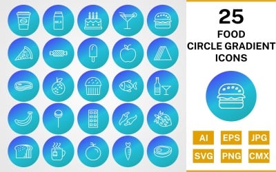 25 Lebensmittelkreis-Verlaufspaket-Icon-Set