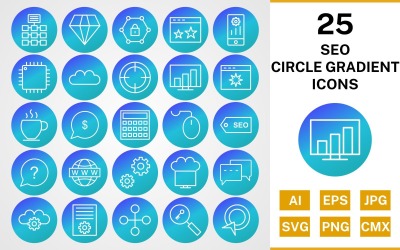 25 Seo Circle Gradient Pack Ikonuppsättning