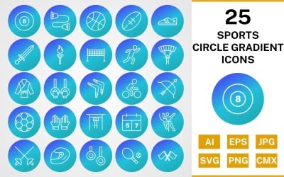 25 Sports and Games Circle Gradient Pack Icon Set