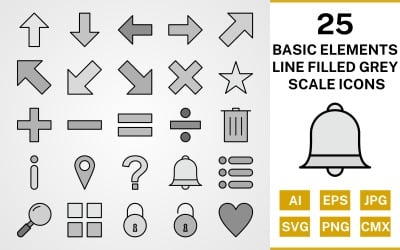 25 Basic Elements Line Filled Greyscale Icon Set