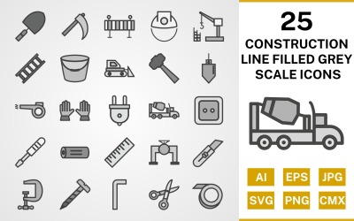 25 Conjunto de ícones de escala de cinza preenchidos com linha de construção