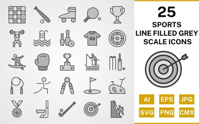 Conjunto de ícones em escala de cinza com linha de 25 esportes e jogos