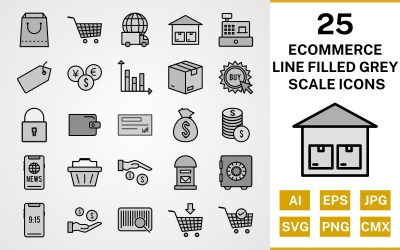 25 conjunto de iconos de escala de grises llenos de línea de comercio electrónico