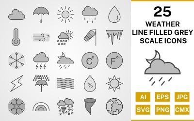 25 Conjunto de iconos de escala de grises llenos de línea meteorológica