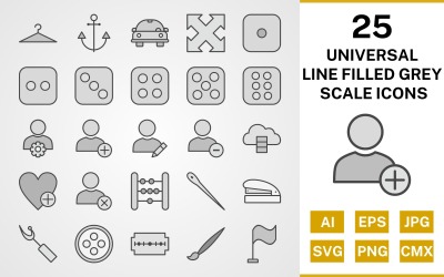 25 Conjunto de iconos de escala de grises rellenos de línea universal