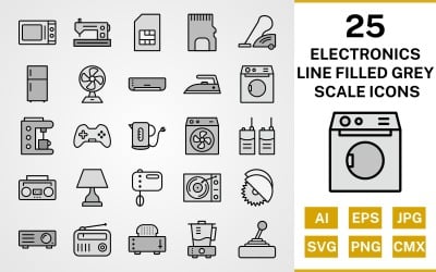 25 Elektronik Cihazlar Satır Dolu Gri Tonlamalı Simge Seti