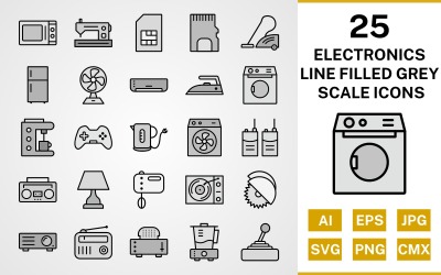 25 elektronische apparaten lijn gevulde grijswaarden icon set