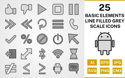 25 Grundelemente Liniengefülltes Graustufen-Symbolset