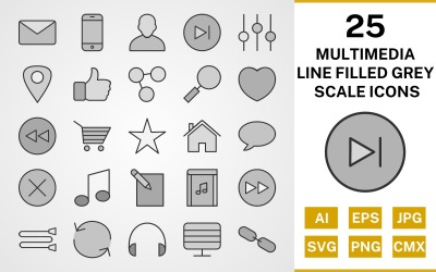25 multimedia lijn gevulde grijswaarden icon set