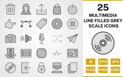 25 Multimedya Hattı Dolgulu Gri Tonlamalı Simge Seti