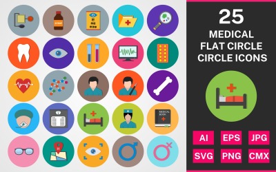 Набор иконок 25 медицинских плоский круг