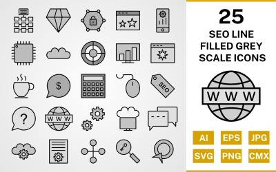 25 Seo lijn gevulde grijswaarden Icon Set