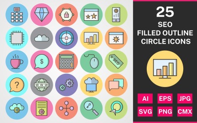 25 SEO заповнені структури коло набір іконок
