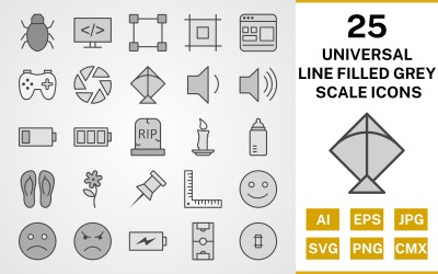 25 set di icone in scala di grigi a linea universale