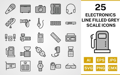 25 set di icone in scala di grigi riempite di linea di dispositivi elettronici