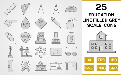 25 Utbildningslinje fylld gråskala Ikonuppsättning