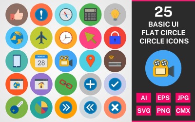 25 Basic ui Flat Circle Icon Set