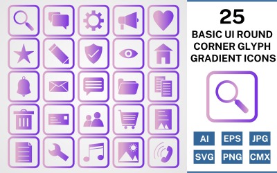 25 Basic ui Round Corner Glyph Gradient Icon Set