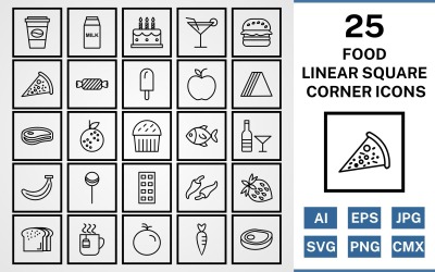 25 Food Linear Square Corner Pack Icon Set