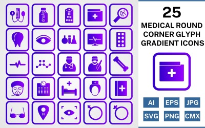 25 medicinska runda hörnet Glyph Gradient Ikonuppsättning