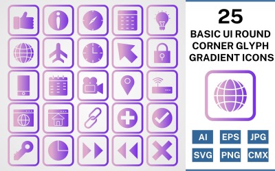 25 Podstawowy zestaw ikon gradientu glifów okrągłych narożników ui