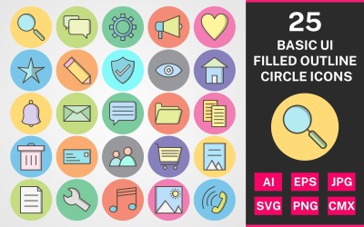 Sada ikon 25 základních ui vyplněných kruhů osnovy