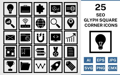 25 Seo Glyph Kare Köşe Paketi Simge Seti