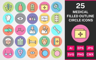 25 set di icone cerchio contorno pieno medico