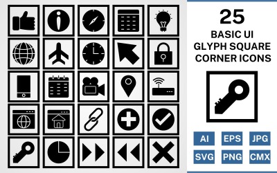 25 set di icone del pacchetto angolo quadrato glifo dell&amp;#39;interfaccia utente di base