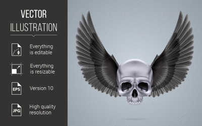 Metal Chrome Skull with Two Wings - Vector Image
