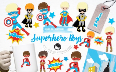 Набор иллюстраций мальчиков-супергероев - изображение в векторном формате