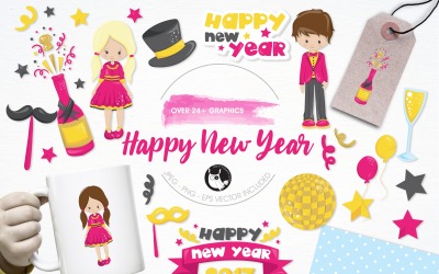 Happy New Year illustration pack - Vector Image