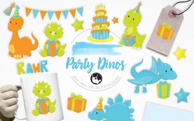 Party Dinos  illustration pack - Vector Image