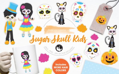 Sugar Skull Kids illustration pack - Vector Image