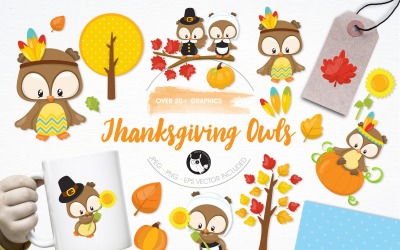 Thanksgiving owl illustration pack - Vector Image