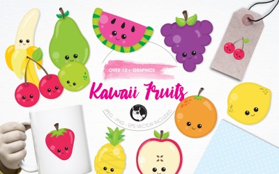 Kawaii fruits illustration pack - Vector Image