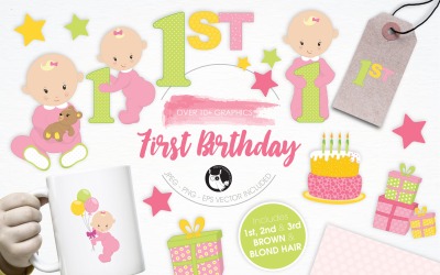 First Birthday illustration pack - Vector Image
