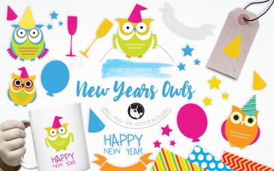 New Year Owls illustration pack - Vector Image