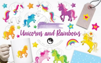 Unicorns and Rainbows illustrations - Vector Image