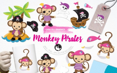 Monkey pirate illustration pack - Vector Image