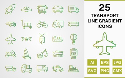 Conjunto de 25 pacotes de ícones de gradiente de linha de transporte